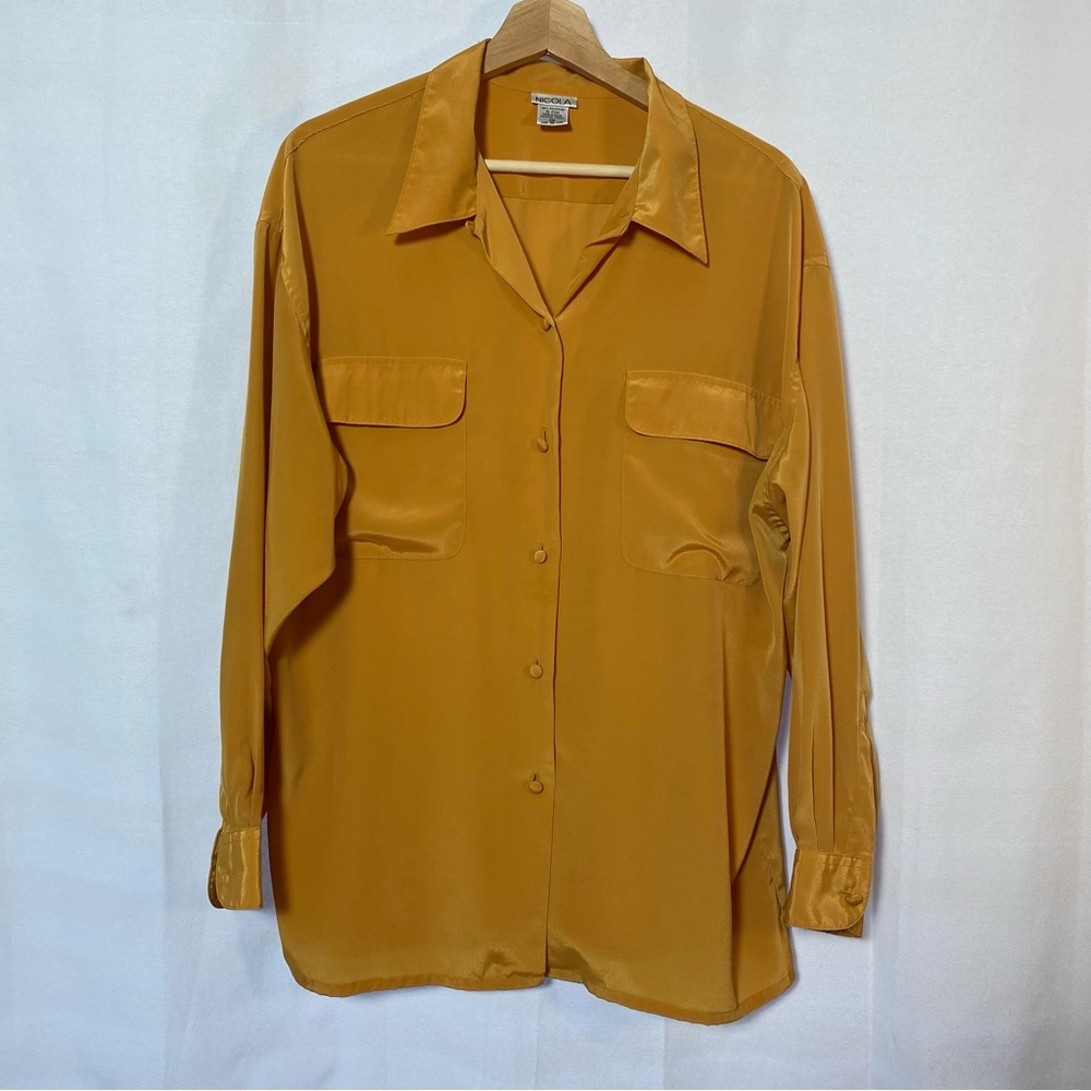 VTG Nicola Long Sleeve Dressy Shirt Sz 12  Mustard Yellow Covered Buttons EUC